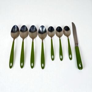 Vtg Imperial Stainless Flatware Spoons 1971 Avocado Green Mcm USA 8 Pc